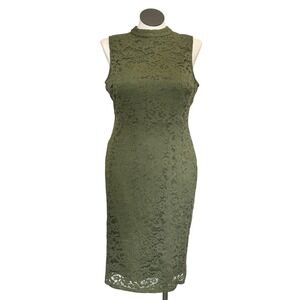 Women's Olive Green Lace Mock Neck Sleeveless Sheath Dress Knee Length